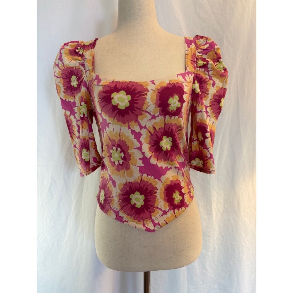 NWT Free People Pop Combo Floral Top Open Back Stretch Cropped 1/2 Slv Small